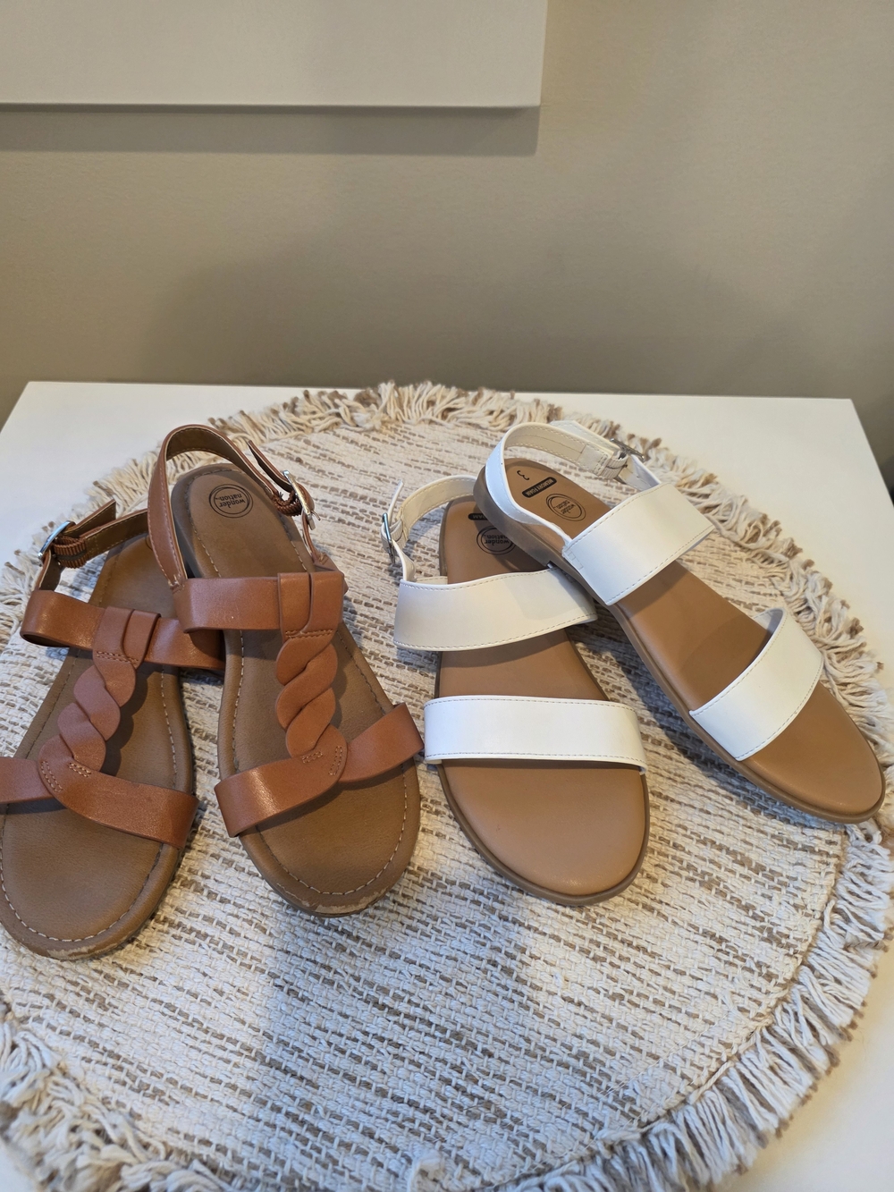 Girls' 3Y Wonder Nation Faux Leather Braided Strap Sandals - White and Tan